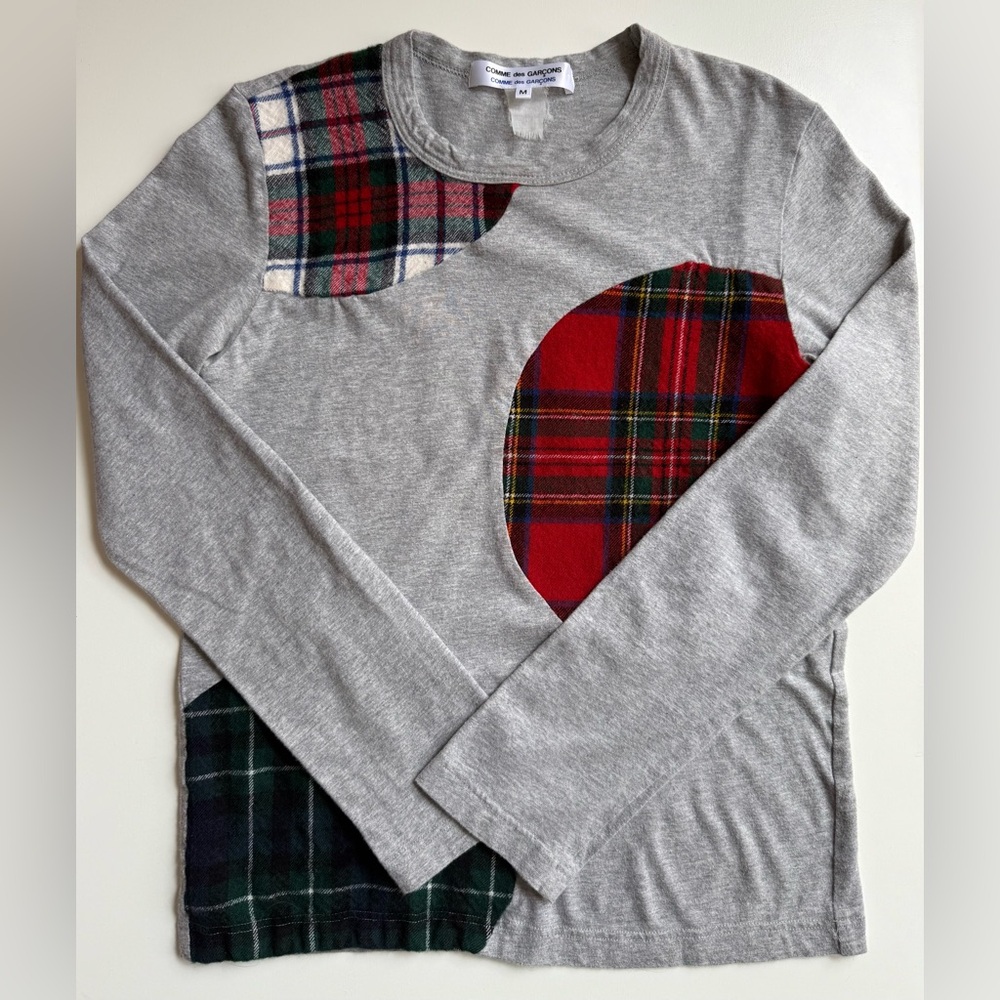 Vintage COMME DES GARCONS Gray Long Sleeve T Shirt with Round Plaid Patchwork -M